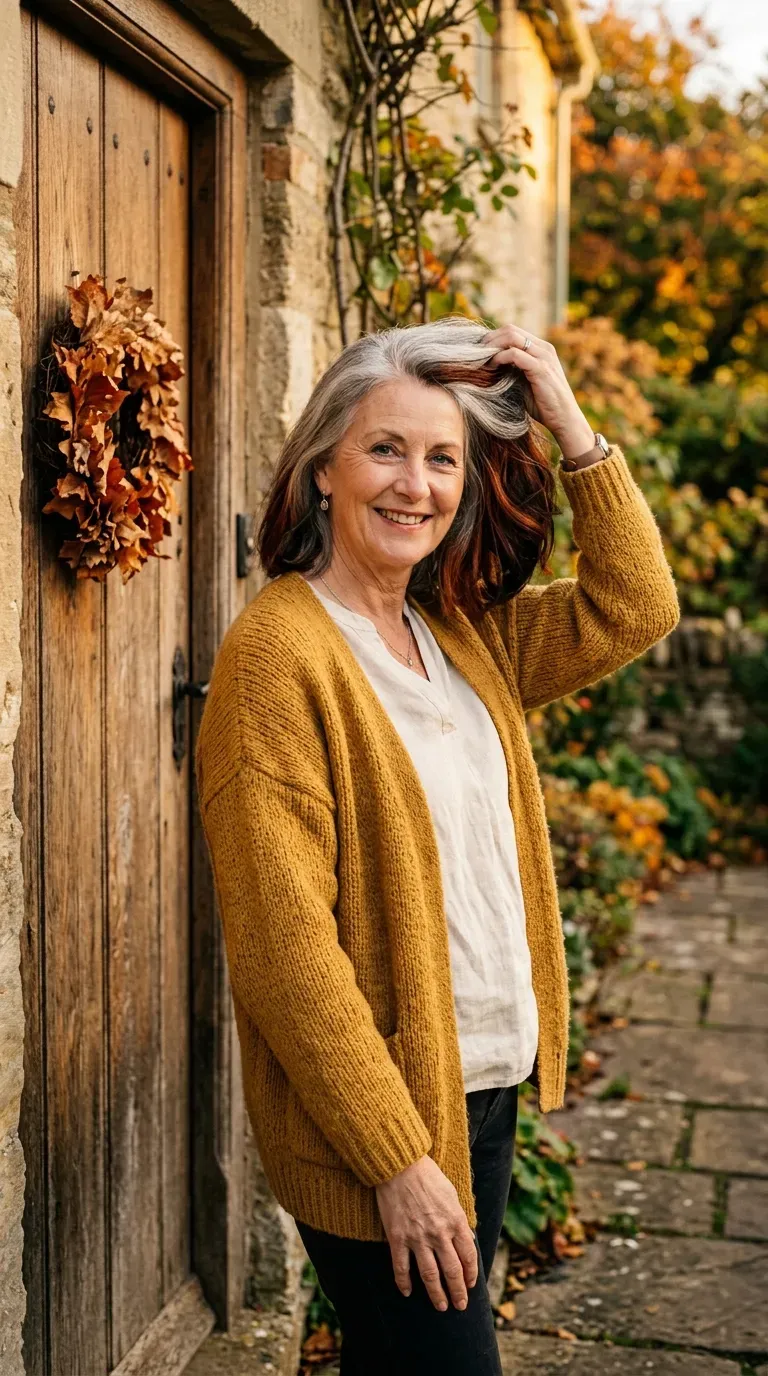 Woman with gray hair featuring hidden peekaboo lowlights underneath the top layer