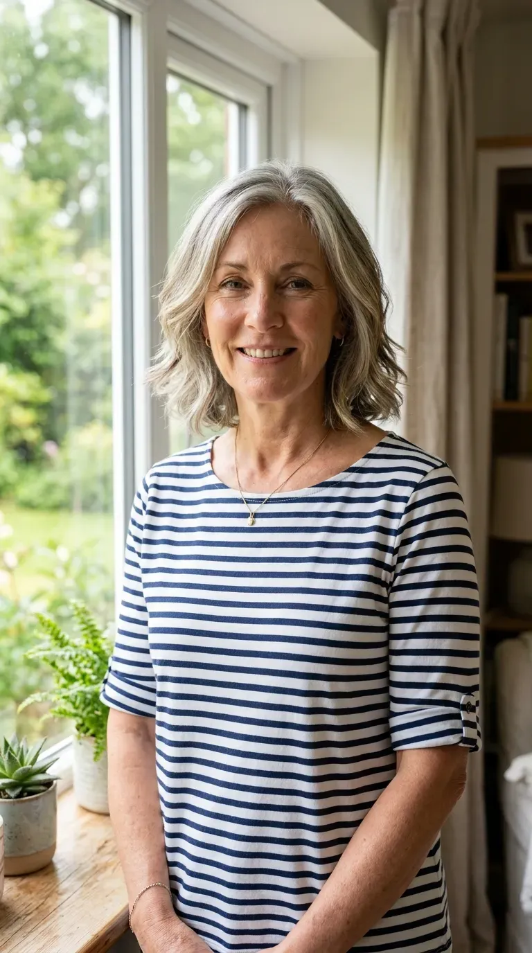 Woman with gray hair featuring lowlights blended softly from the roots