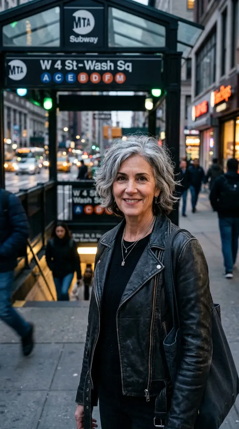 Woman with gray hair featuring soft lowlights placed only in the under-layer