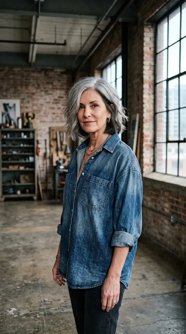 Woman with gray hair featuring a subtle panel of lowlights underneath the crown
