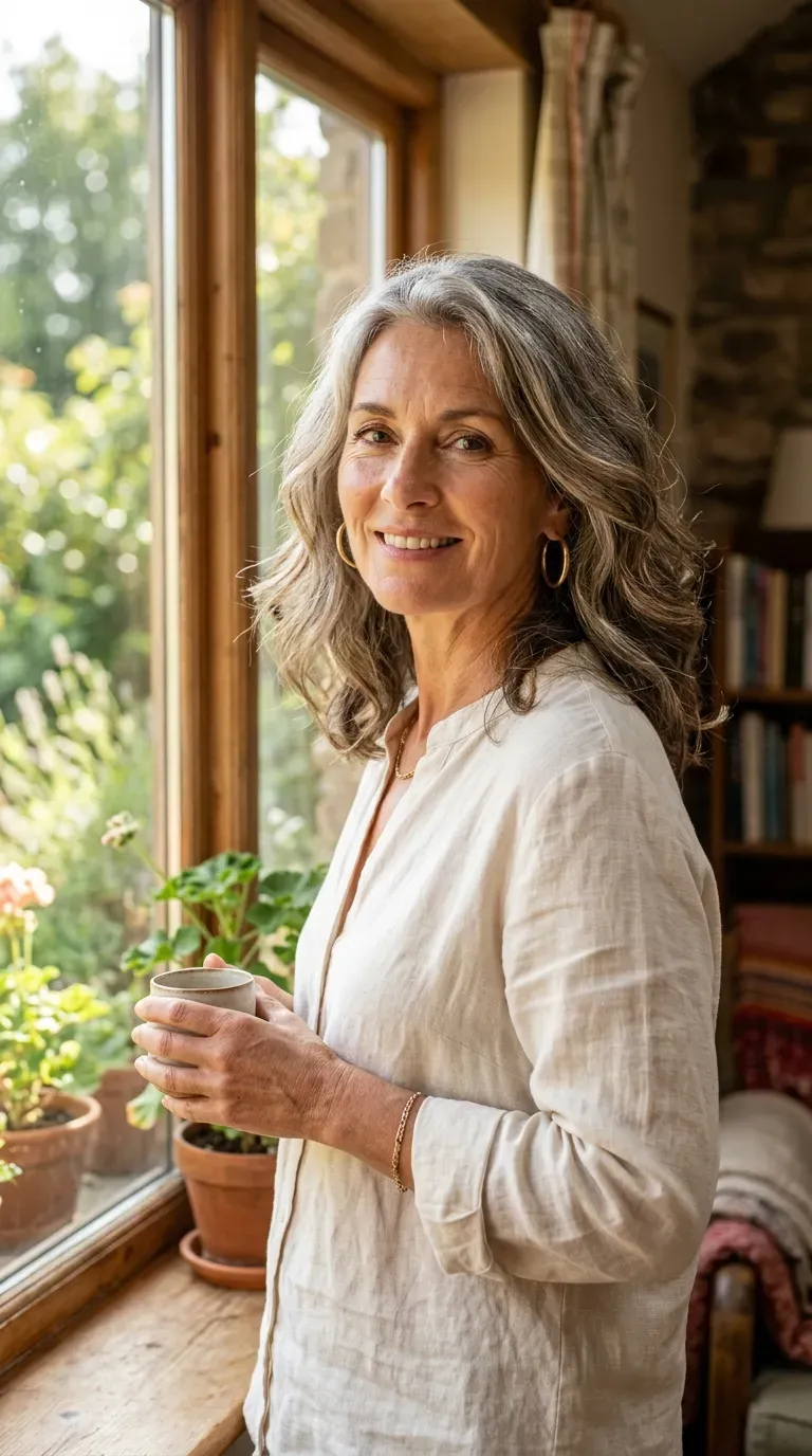 Woman with gray hair featuring warm brown-toned lowlights