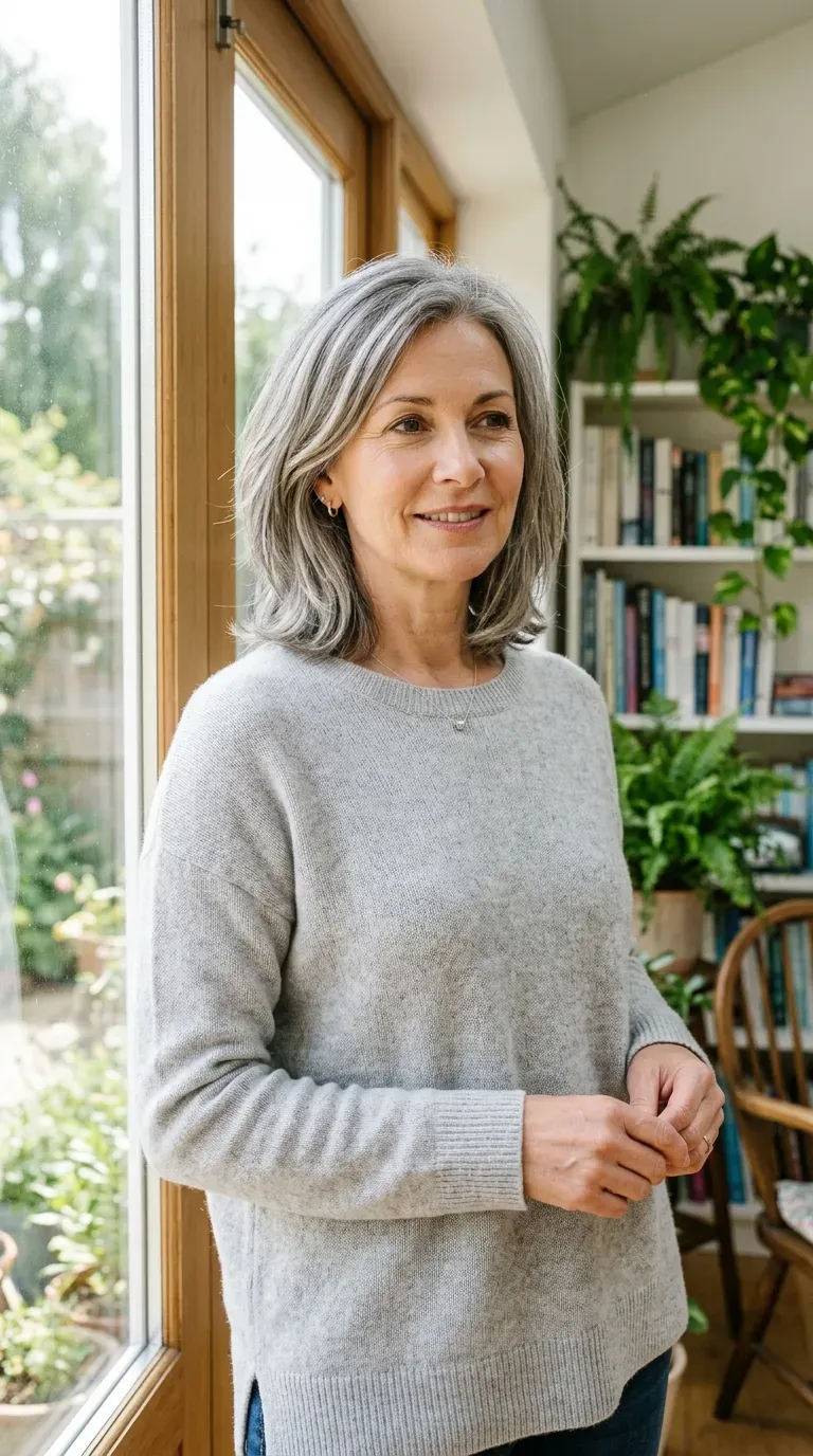 Woman with a gray long bob featuring soft lowlights throughout