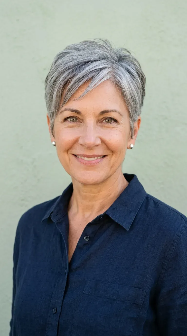 Woman with a gray pixie cut featuring subtle lowlights at the crown
