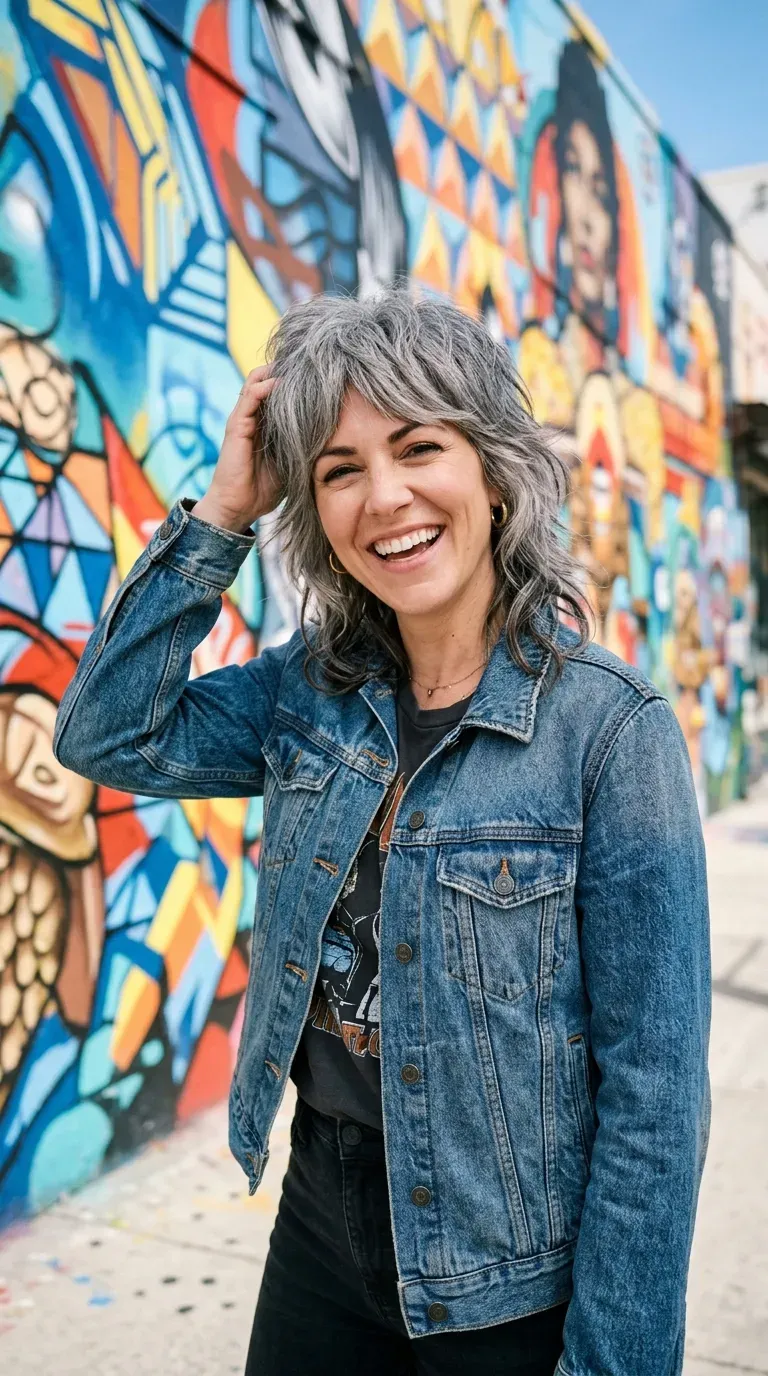 Woman with a gray shag haircut featuring lowlights woven through the layers