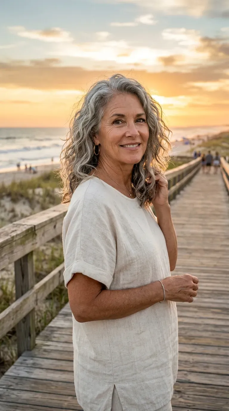 Woman with gray wavy hair featuring soft lowlights following the wave pattern
