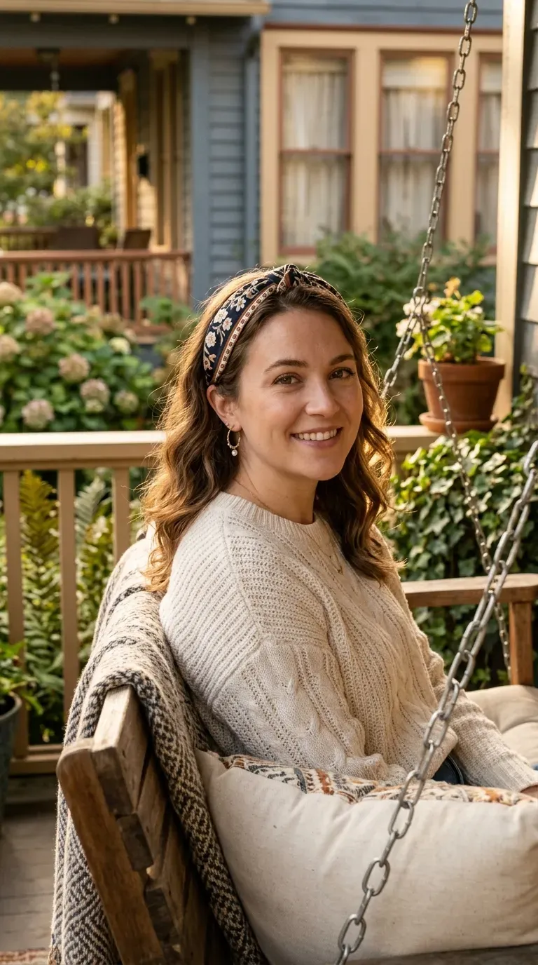 Woman with soft loose waves styled with a fabric headband pushing hair back