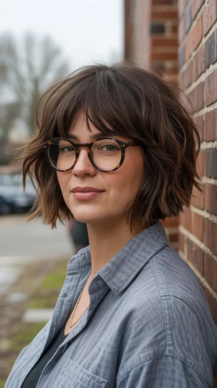 Woman with a heavily textured choppy bob featuring piecey layered ends