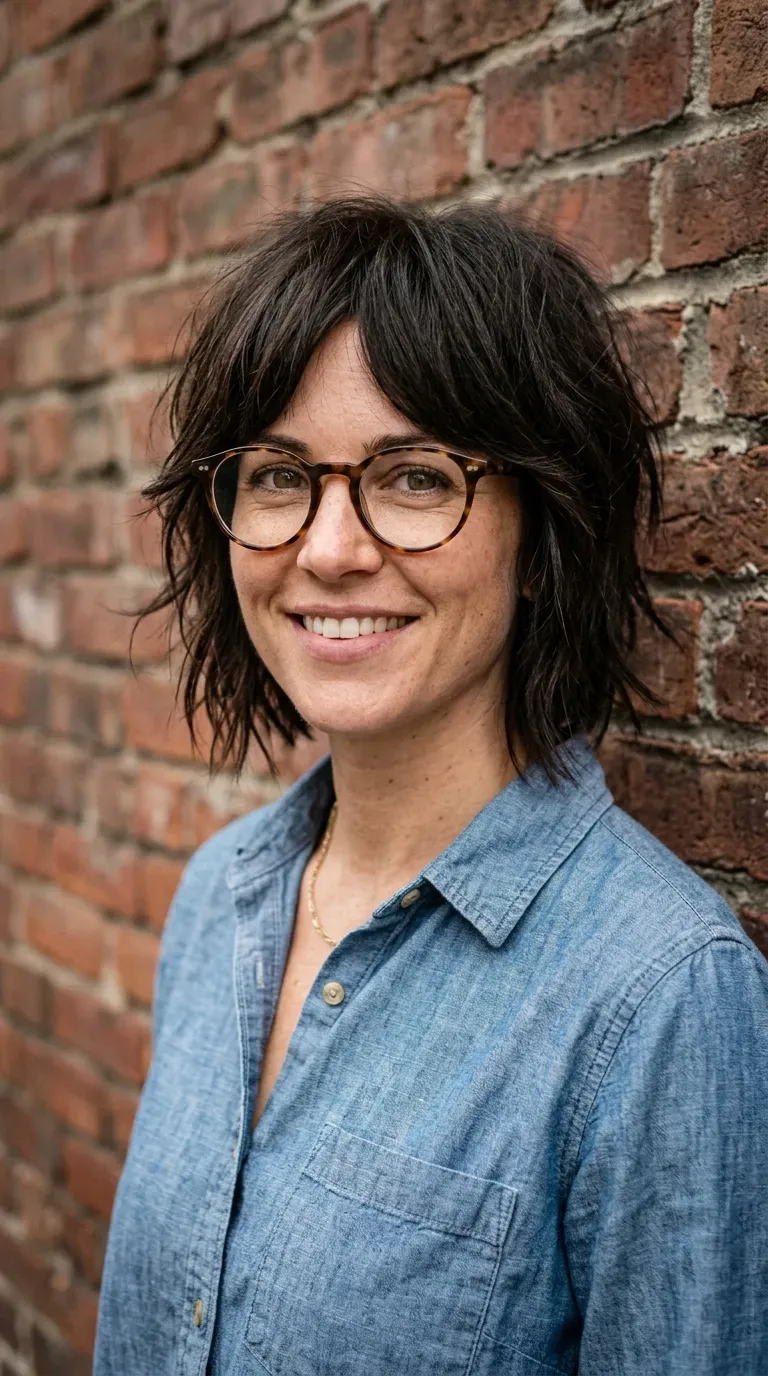 Woman with an especially textured choppy layered bob featuring maximum piecey definition