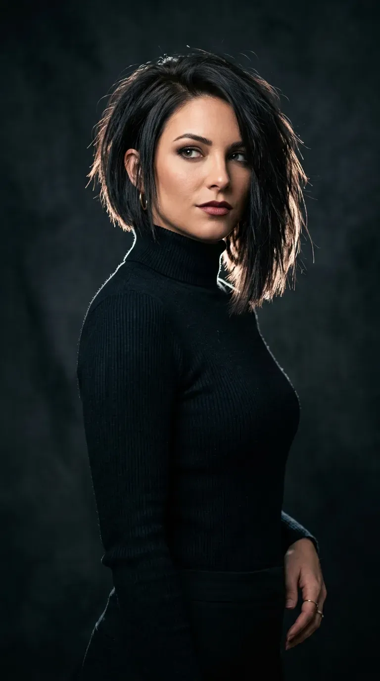 Woman with a choppy inverted bob featuring an especially pronounced asymmetric length