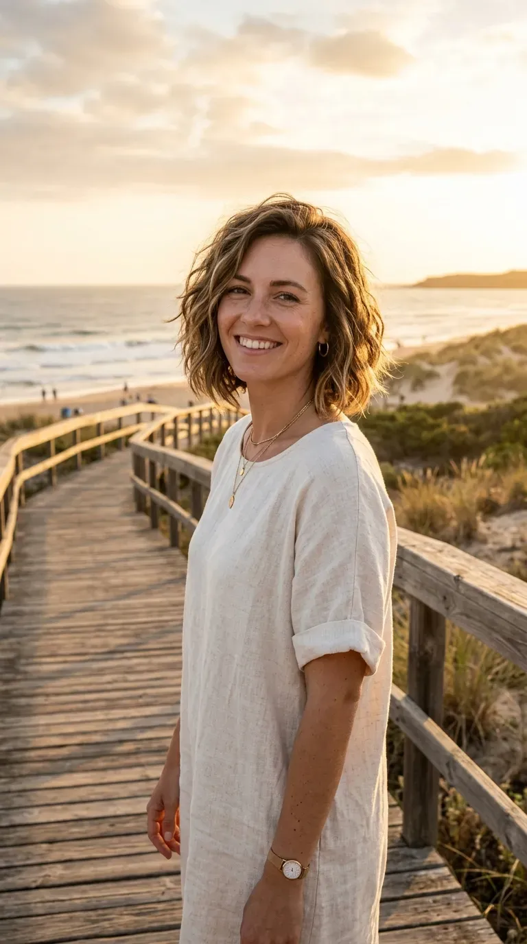 Woman with a choppy inverted bob styled with soft beachy waves