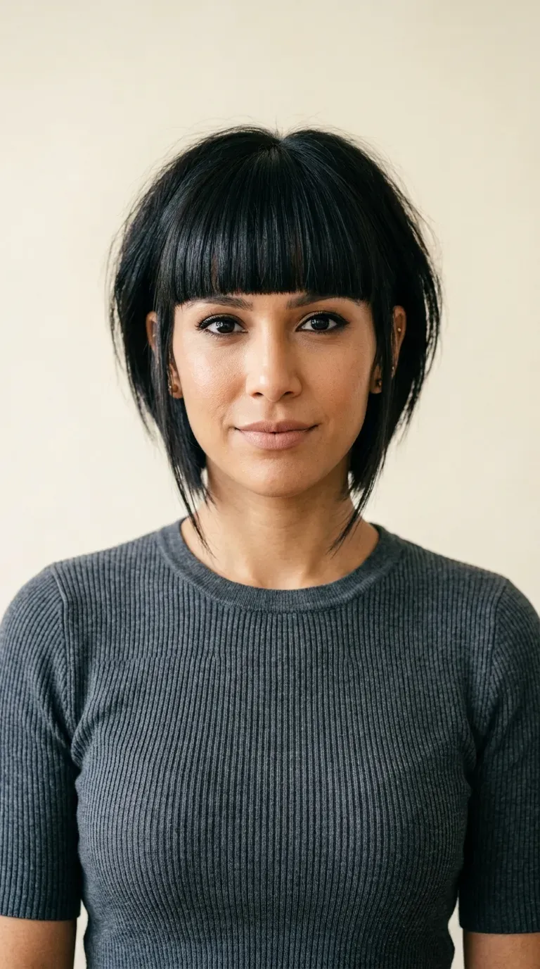 Woman with a choppy inverted bob paired with a bold blunt eyebrow-skimming fringe