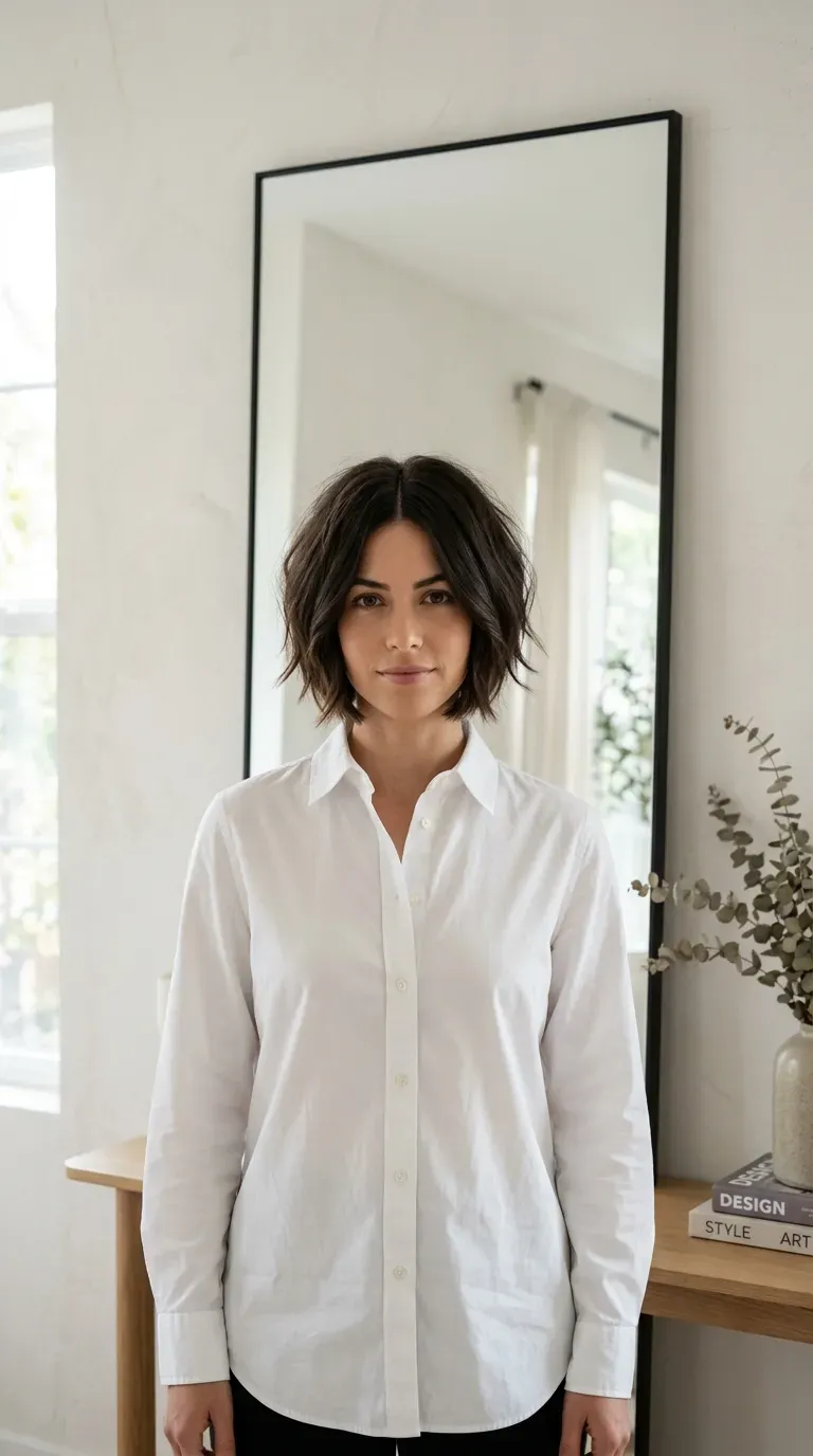 Woman with a choppy inverted bob styled with a symmetrical center part