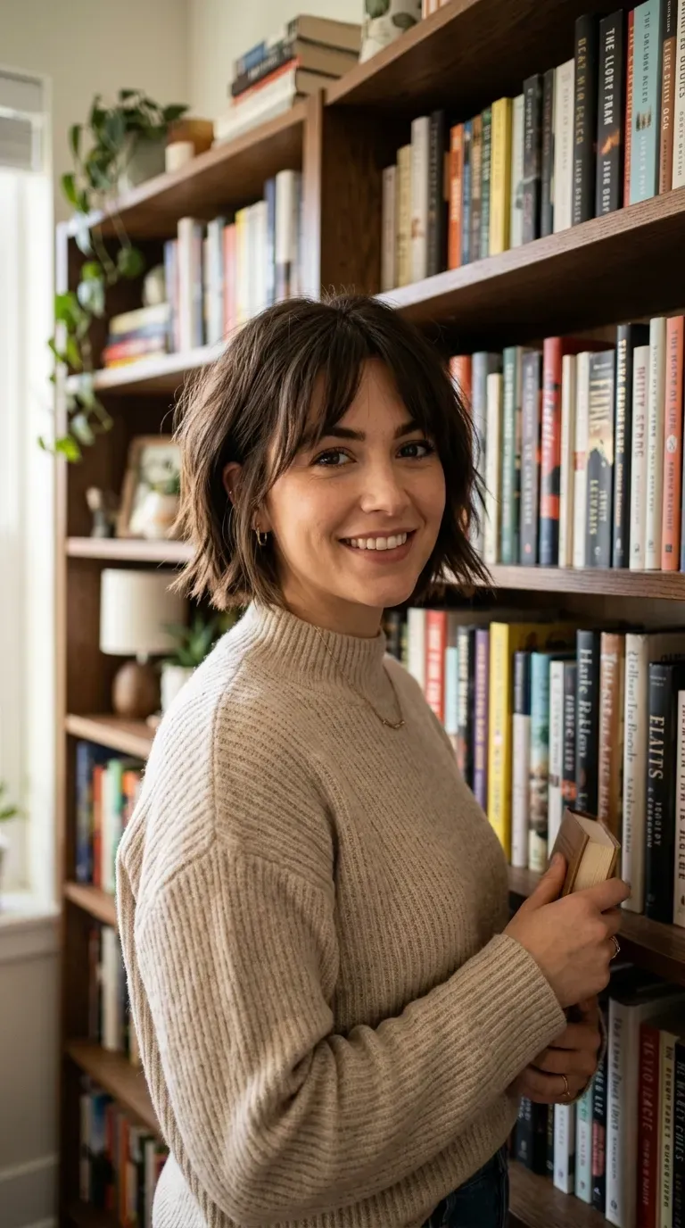 Woman with a choppy inverted bob and soft curtain bangs parted at the center