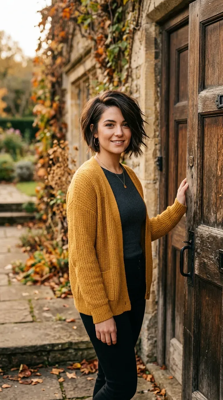 Woman with a choppy inverted bob styled with a dramatic deep side part