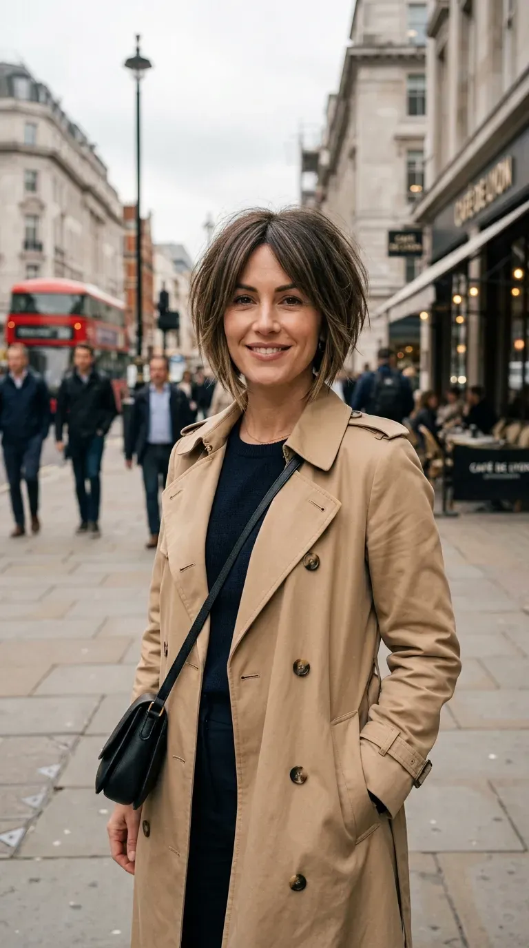 Woman with a choppy inverted bob featuring soft feathered layers throughout