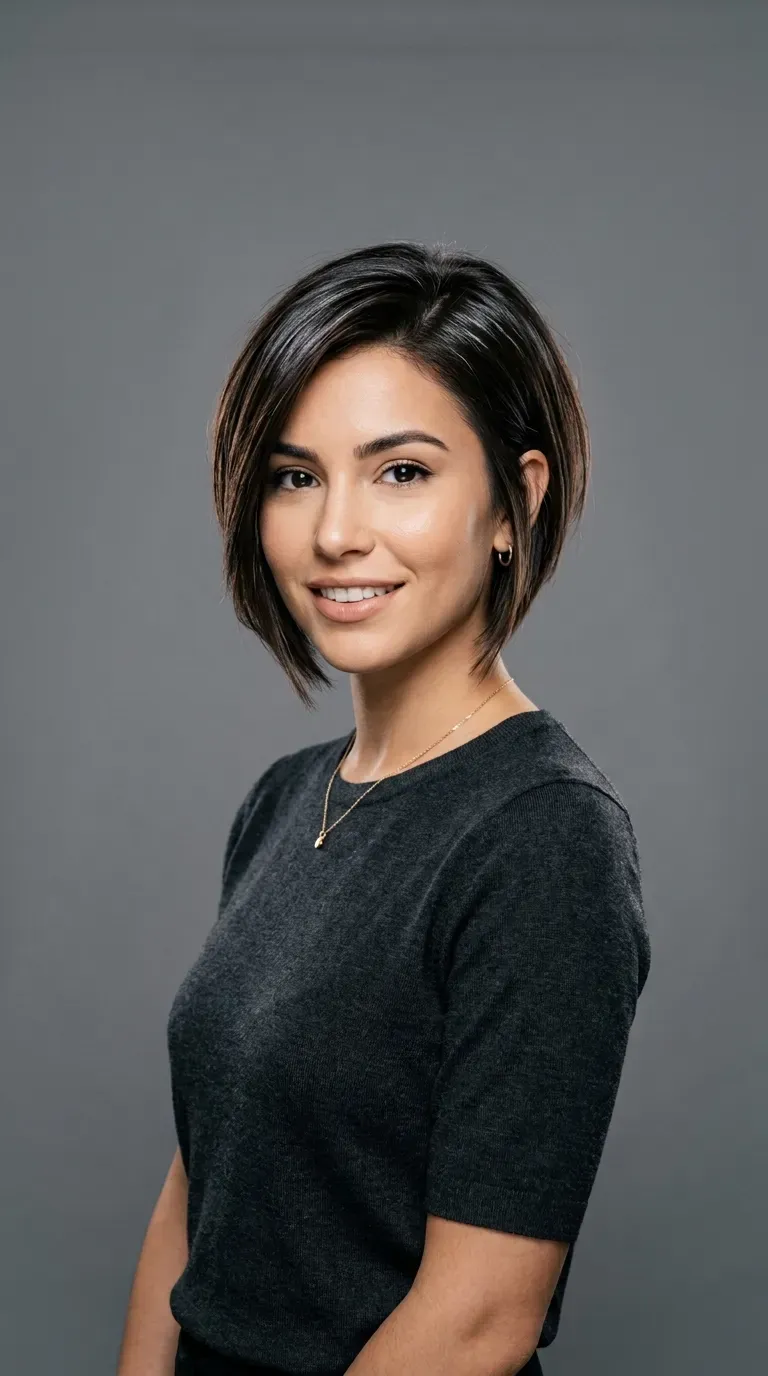 Woman with a choppy inverted bob and short micro bangs above the eyebrows