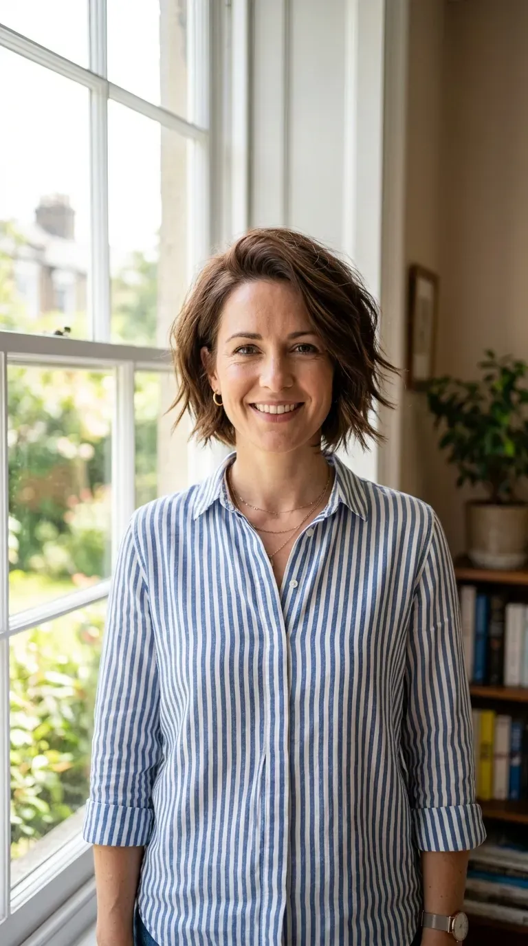 Woman with a choppy inverted bob showing visible lift and volume at the roots