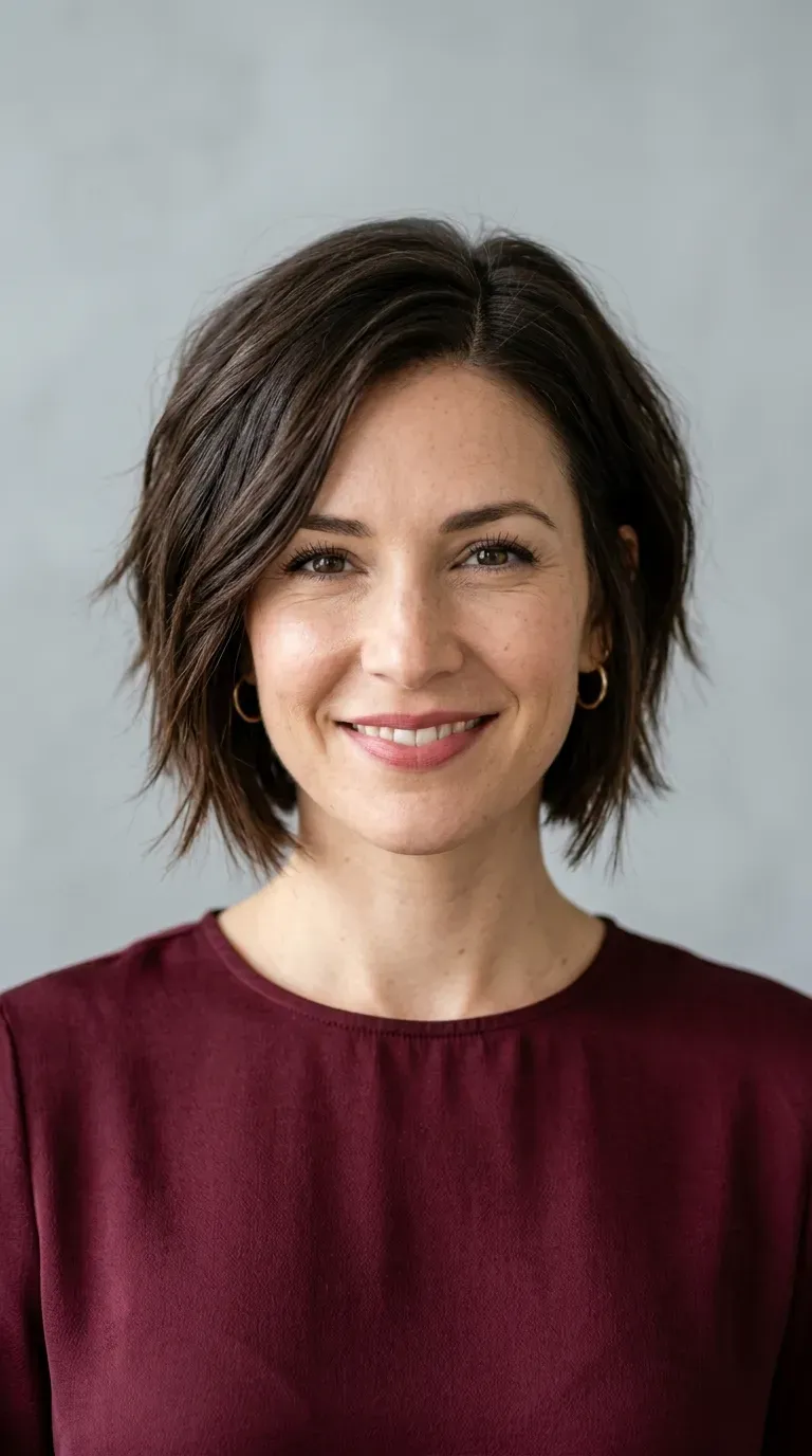 Woman with a choppy inverted bob styled with a soft side part