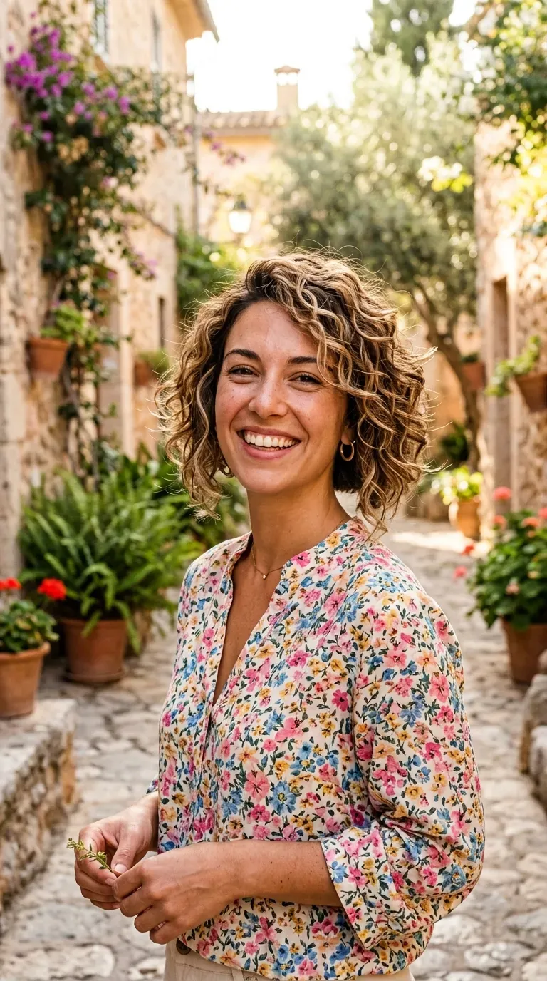 Woman with a choppy inverted bob styled with soft defined curls throughout