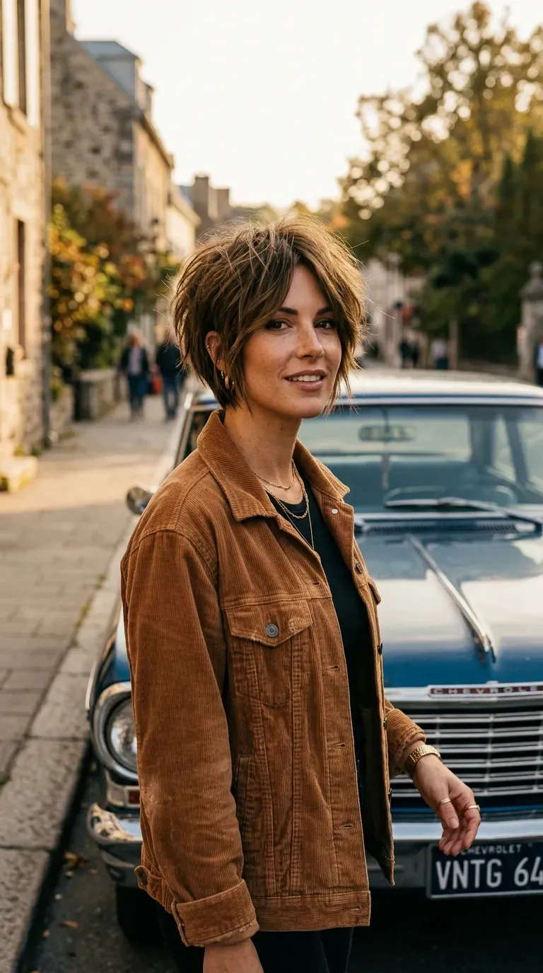 Woman with a choppy inverted bob featuring heavily textured layers concentrated at the crown