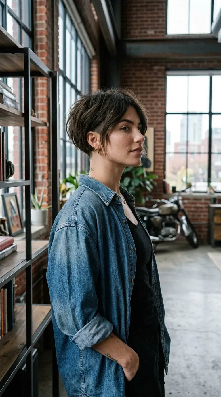 Woman with a choppy inverted bob featuring a subtle undercut at the nape