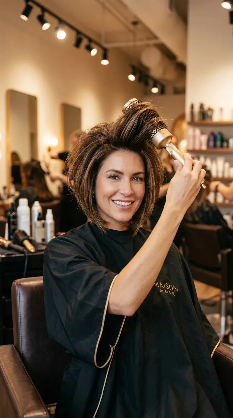 Woman with a choppy inverted bob styled into a full voluminous blowout