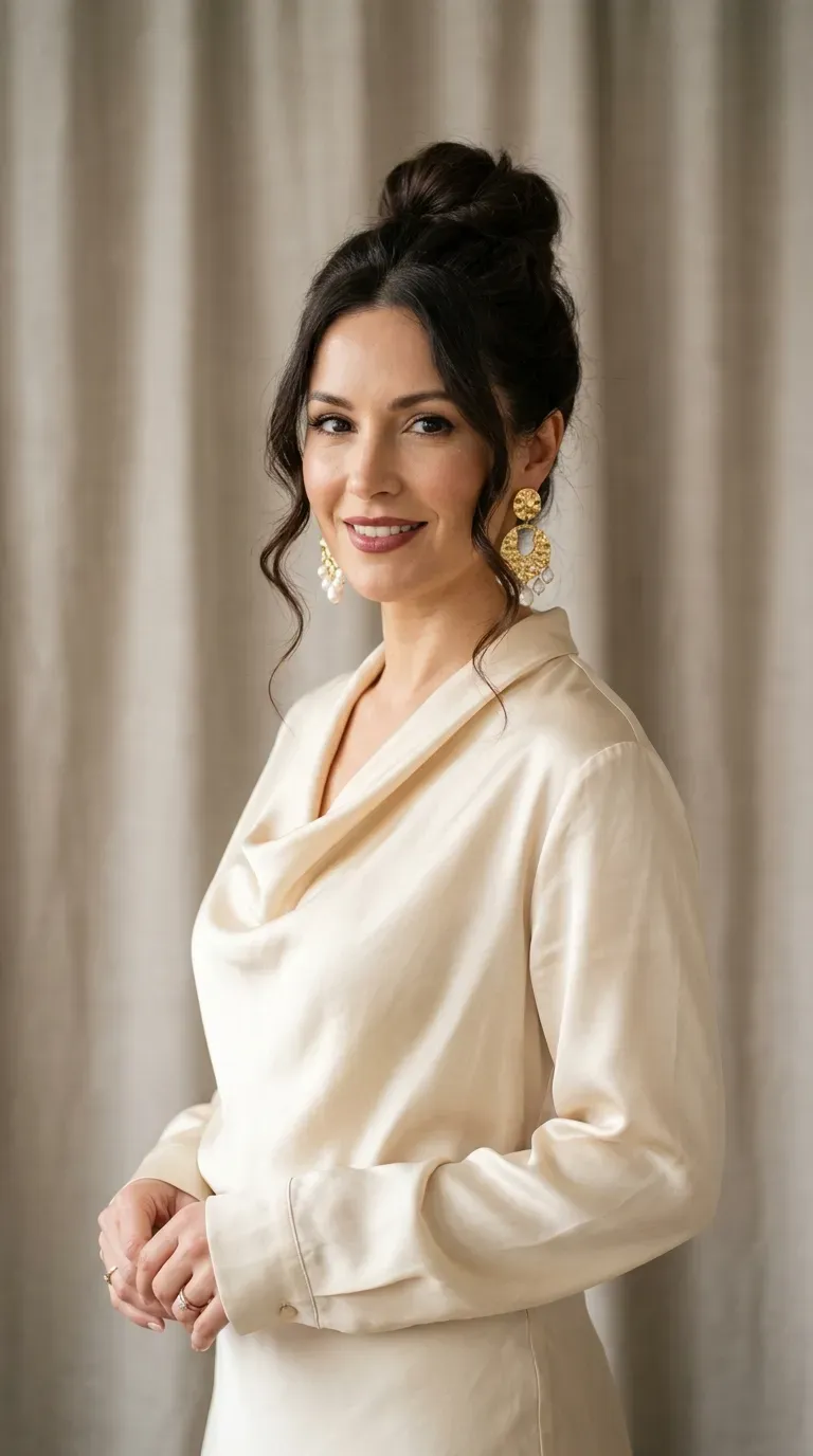 Woman with a soft voluminous top knot styled high on the crown
