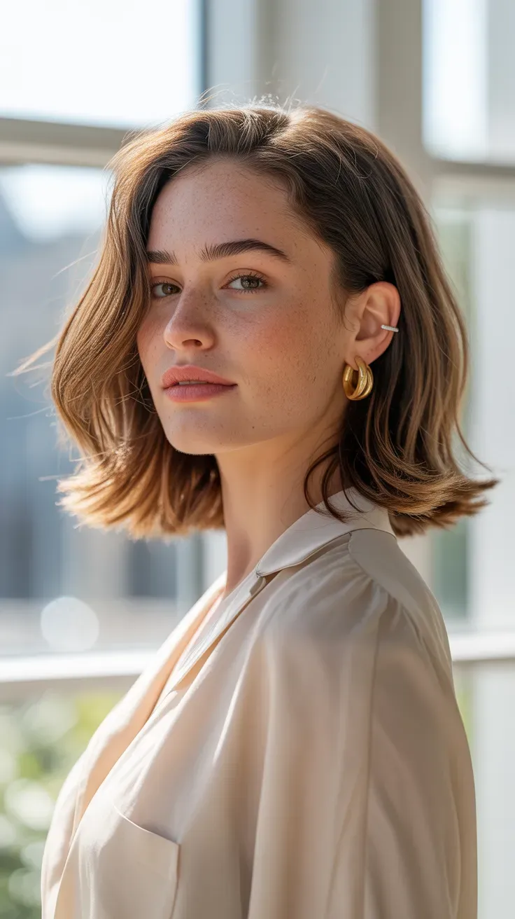 Woman with a medium-length layered bob showing natural movement