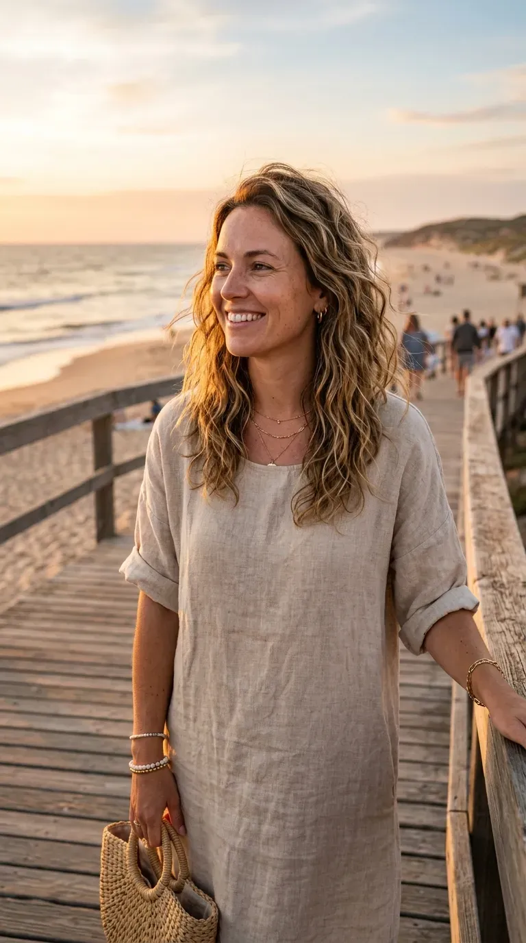 Woman with layered medium-length hair styled with soft beachy waves