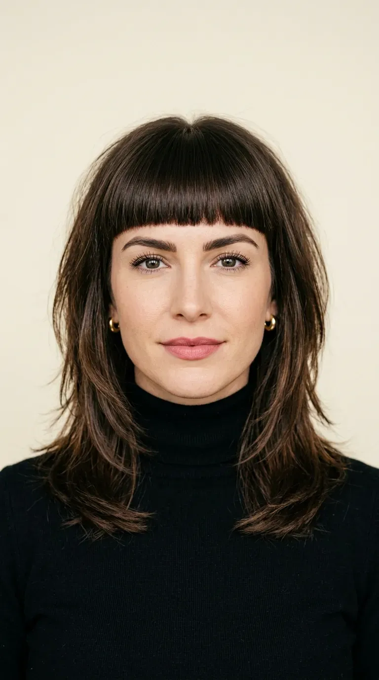 Woman with layered medium-length hair paired with a bold blunt eyebrow-skimming fringe
