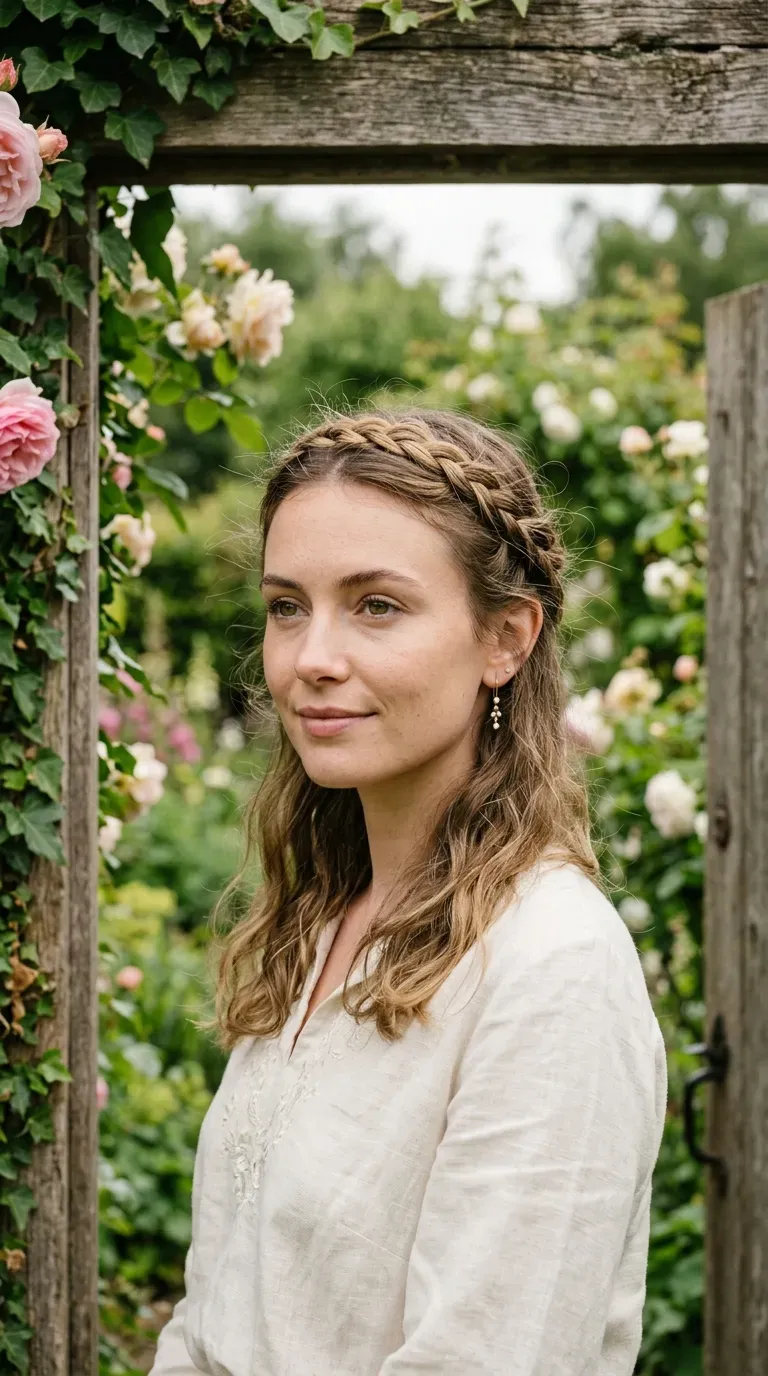Woman with a delicate thin braid wrapped around the crown of her head