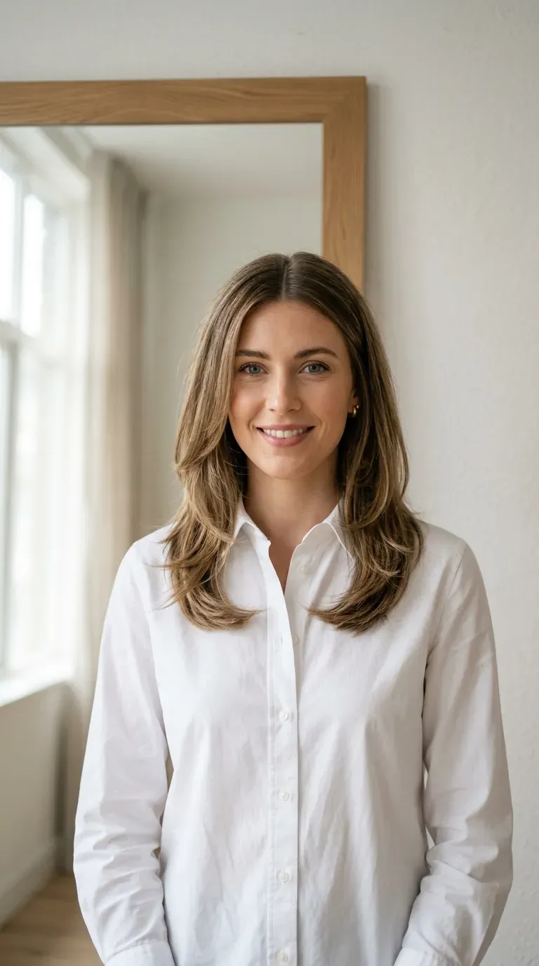 Woman with layered medium-length hair styled with a symmetrical center part