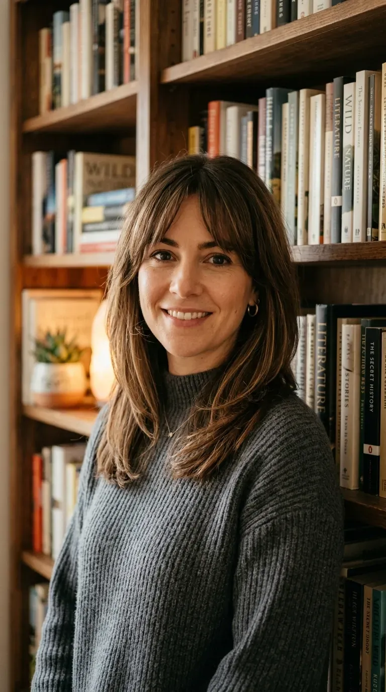 Woman with layered medium-length hair and soft curtain bangs parted at the center