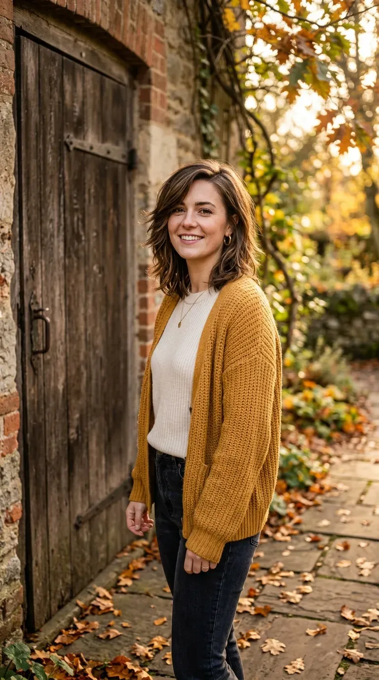 Woman with layered medium-length hair styled with a dramatic deep side part