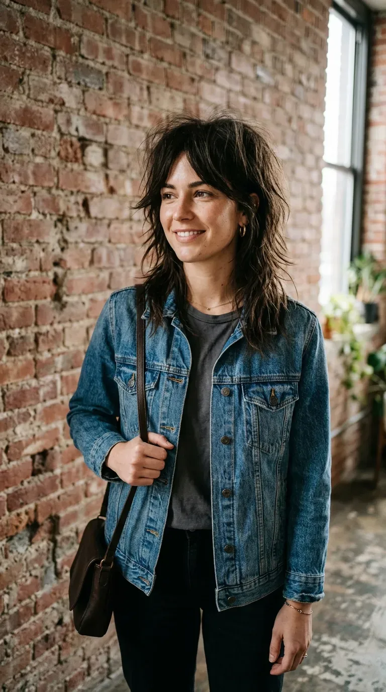 Woman with layered medium-length hair styled with a smooth glossy finish