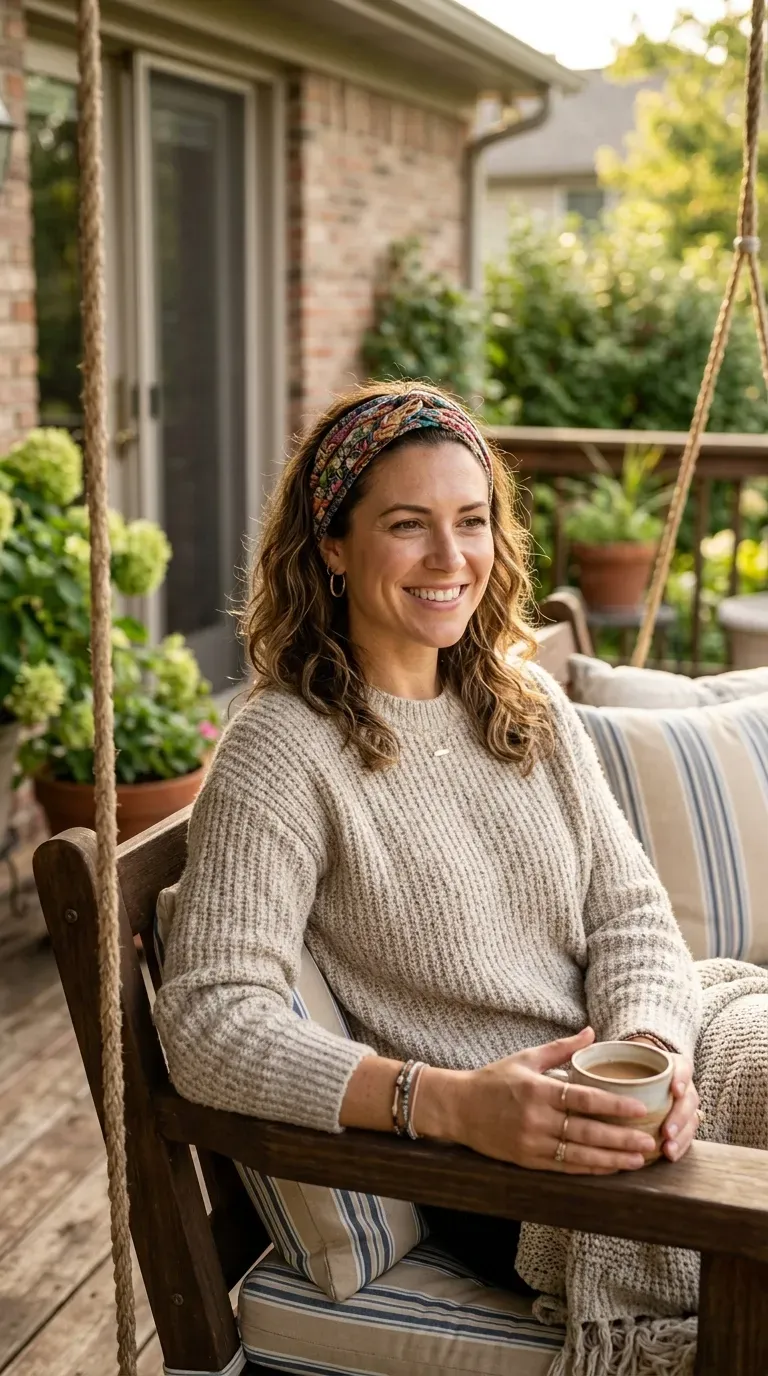 Woman with layered medium-length hair styled with a fabric headband pushing hair back