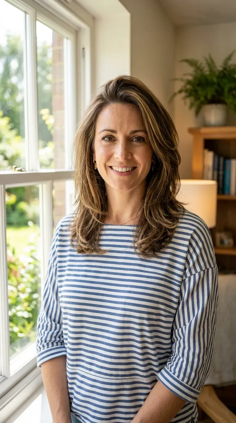 Woman with layered medium-length hair showing visible lift and volume at the roots