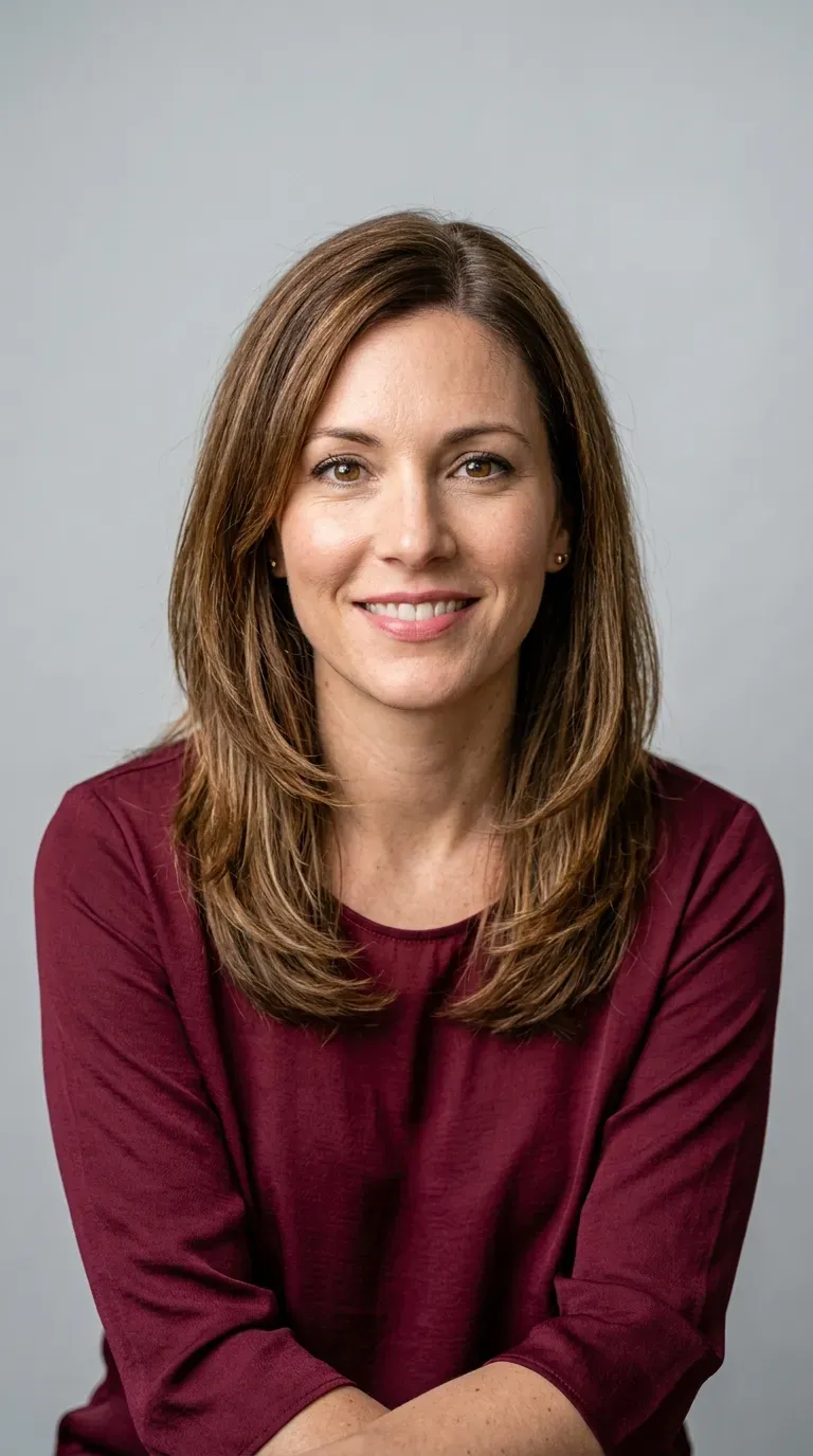 Woman with layered medium-length hair styled with a soft side part