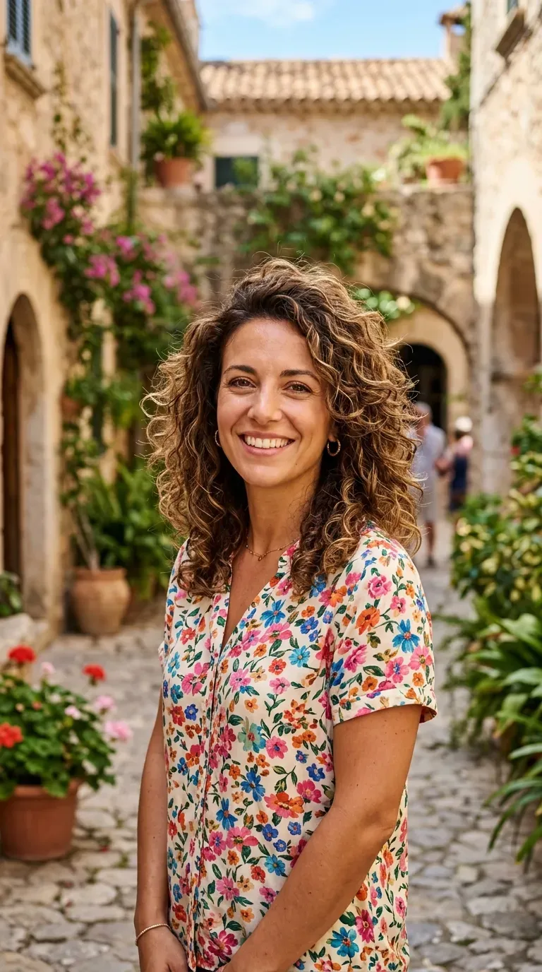 Woman with layered medium-length hair styled with soft defined curls throughout