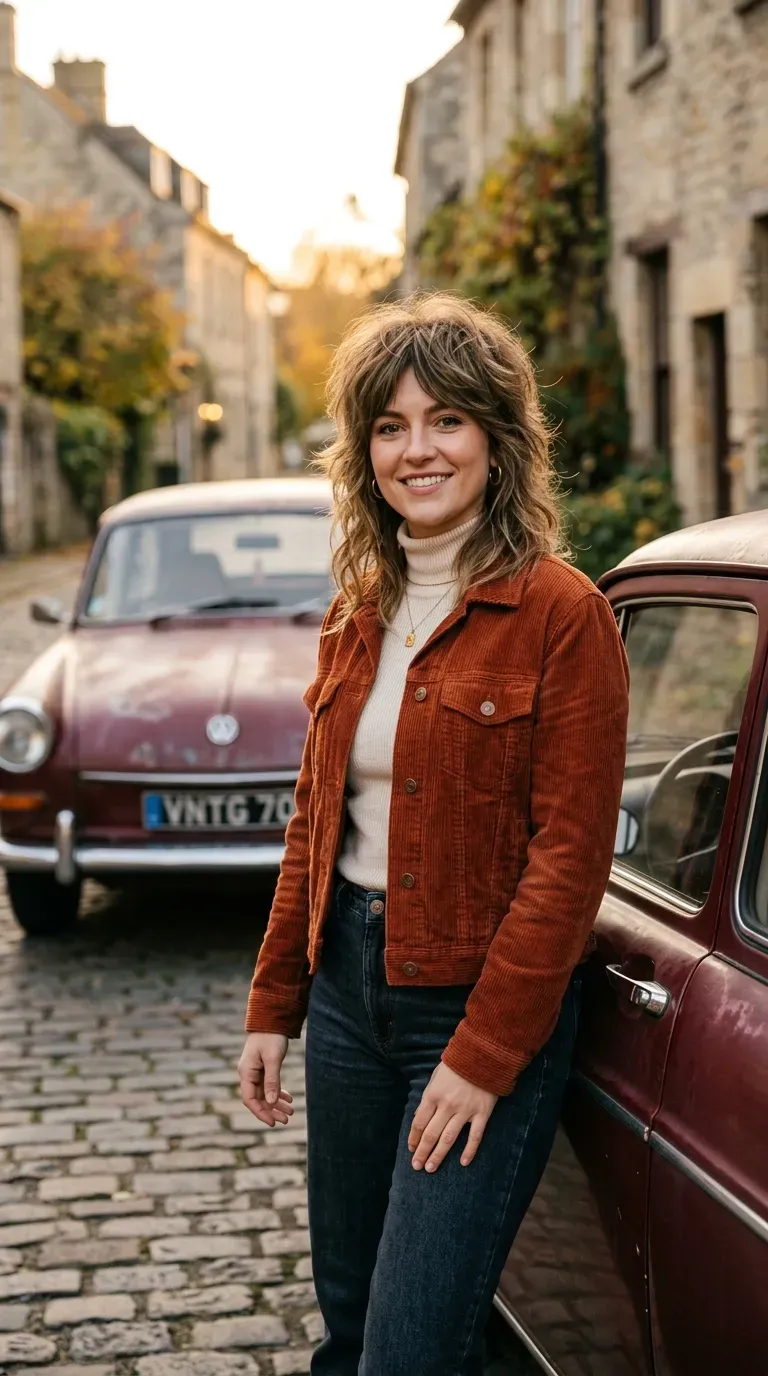 Woman with layered medium-length hair featuring heavily textured layers concentrated at the crown