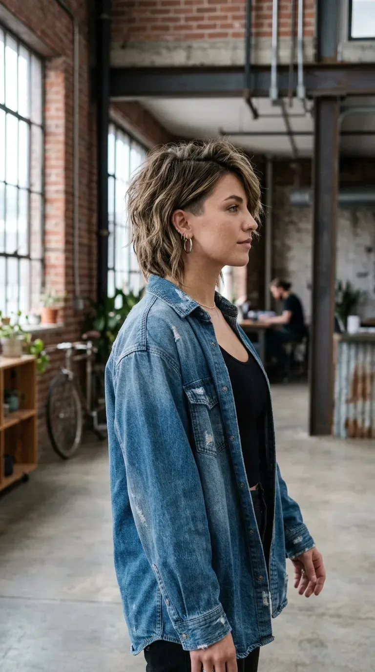 Woman with layered medium-length hair featuring a subtle undercut at the nape