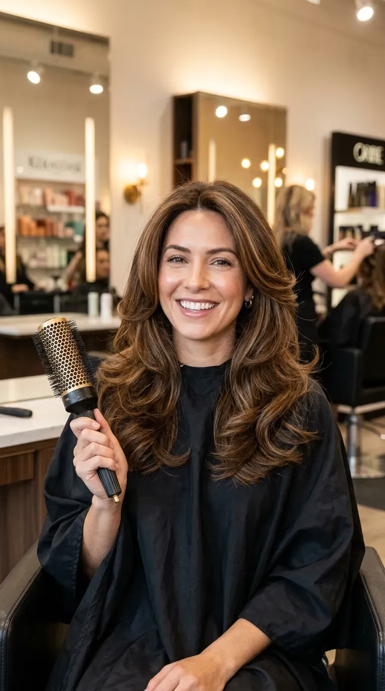 Woman with layered medium-length hair styled into a full voluminous blowout