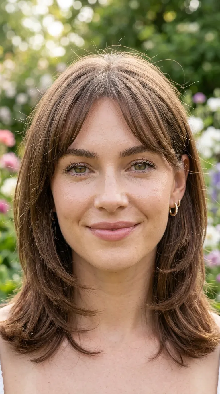 Close-up of woman with layered medium-length hair and wispy bangs softly framing her forehead