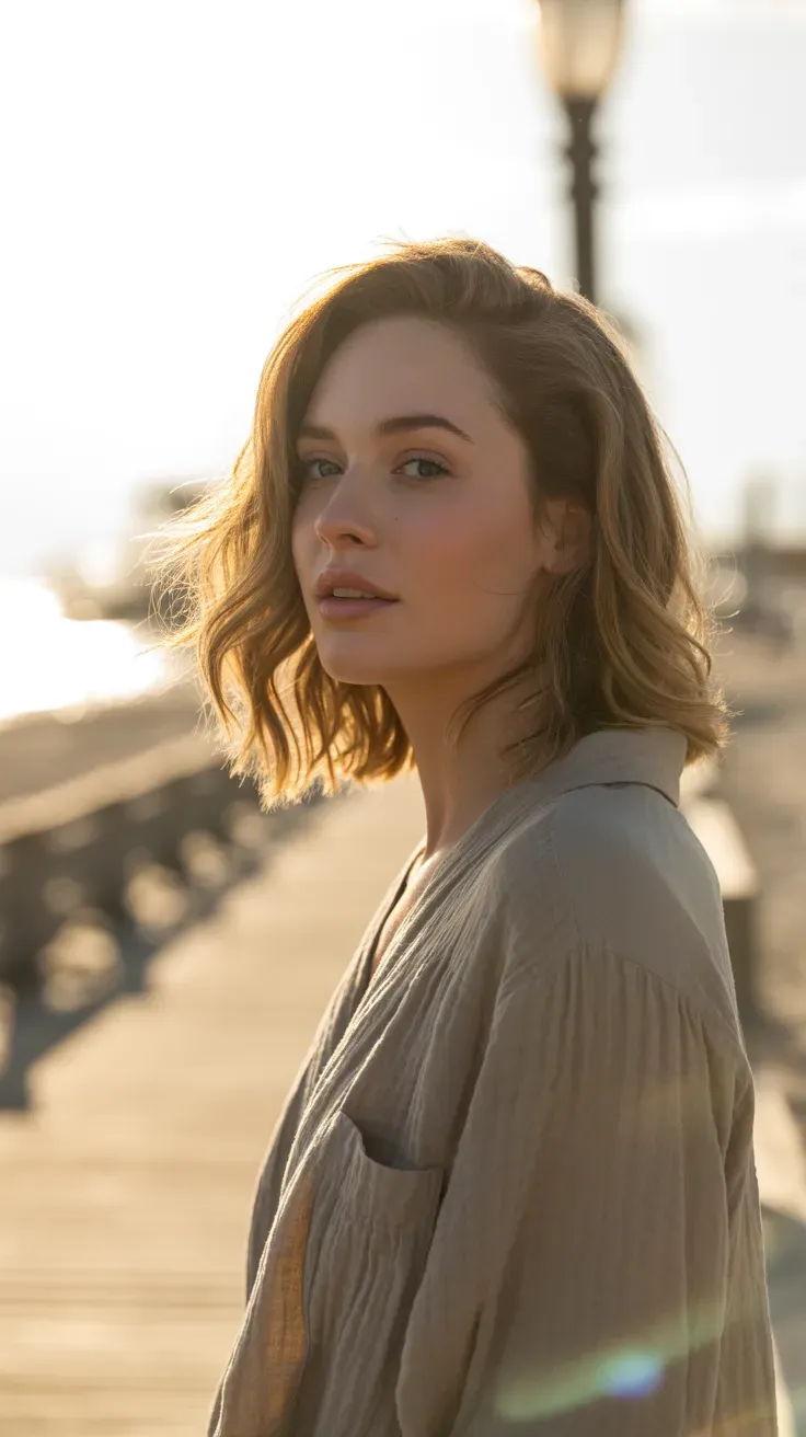 Woman with medium-length hair styled with soft beachy waves