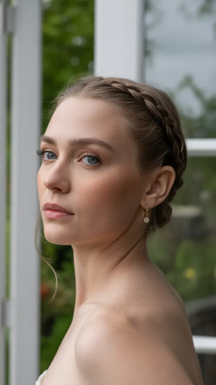 Woman with a delicate thin braid wrapped around the crown of her head