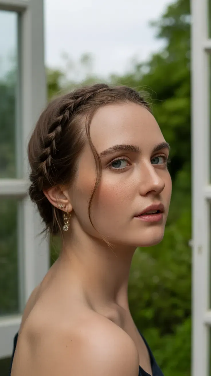 Woman with a delicate thin braid wrapped around the crown of her head