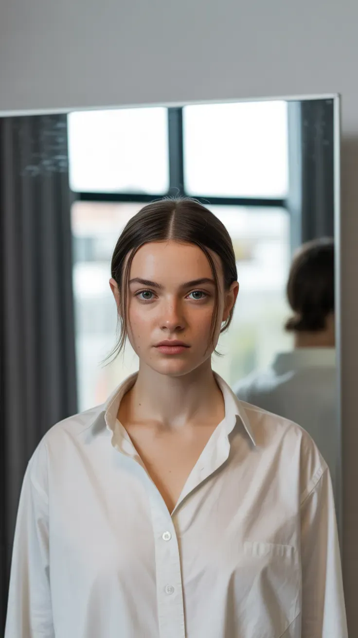 Woman with medium-length hair styled with a symmetrical center part