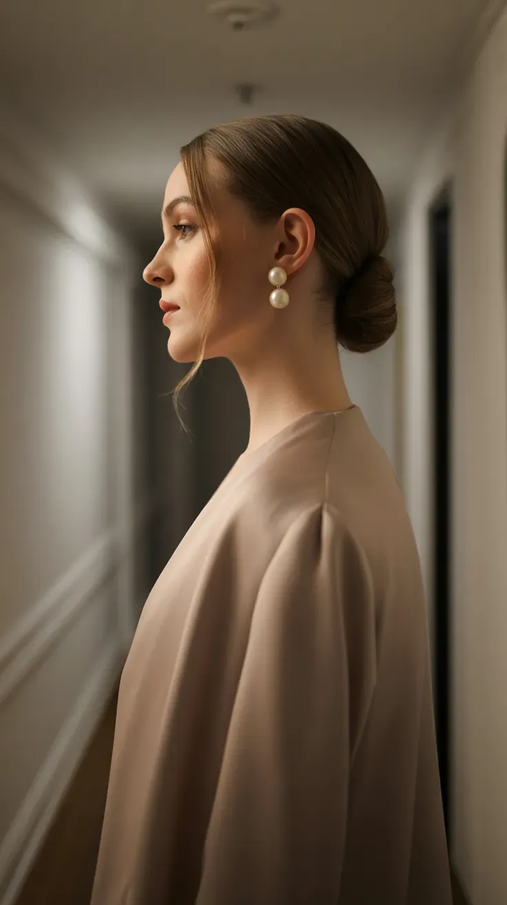 Elegant woman with a soft low chignon styled at the nape of her neck
