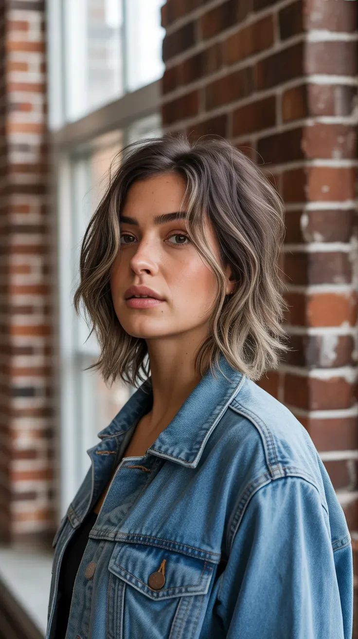Woman with medium-length hair featuring choppy textured layers throughout