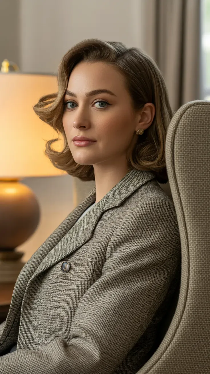 Woman with a classic medium-length cut styled with subtle soft waves throughout